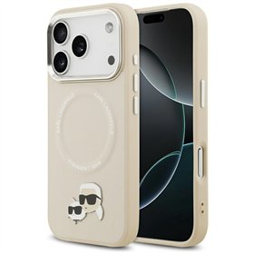 Karl Lagerfeld case Magsafe PU case with Karl&Choupette heads pins logo and metal camera buttons for iPhone 17 Pro Max grey