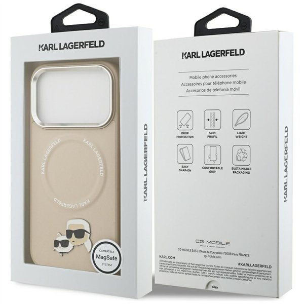 Karl Lagerfeld case Magsafe PU case with Karl&Choupette heads pins logo and metal camera buttons for iPhone 17 Pro Max grey