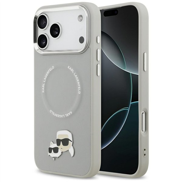 Karl Lagerfeld case Magsafe PU case with Karl&Choupette heads pins logo and metal camera buttons for iPhone 17 Pro pink