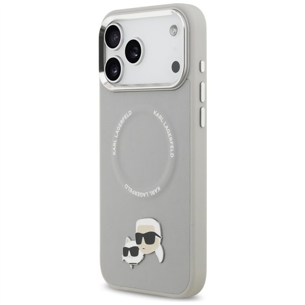 Karl Lagerfeld case Magsafe PU case with Karl&Choupette heads pins logo and metal camera buttons for iPhone 17 Pro pink