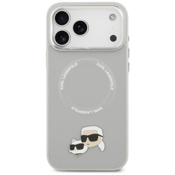 Karl Lagerfeld case Magsafe PU case with Karl&Choupette heads pins logo and metal camera buttons for iPhone 17 Pro pink