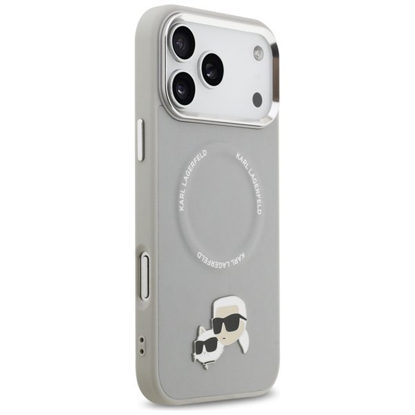 Karl Lagerfeld case Magsafe PU case with Karl&Choupette heads pins logo and metal camera buttons for iPhone 17 Pro Max pink