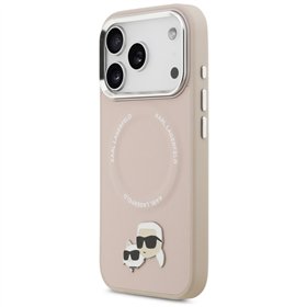 Karl Lagerfeld case Magsafe PU case with Karl&Choupette heads pins logo and metal camera buttons for iPhone 17 Pro Max beige