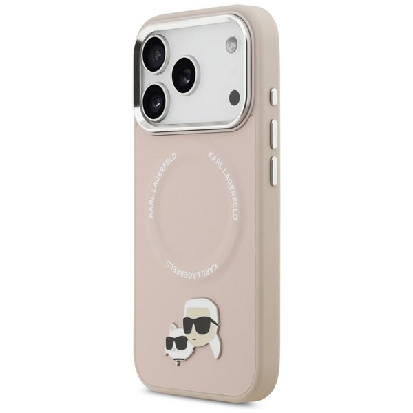 Karl Lagerfeld case Magsafe PU case with Karl&Choupette heads pins logo and metal camera buttons for iPhone 17 Pro Max beige