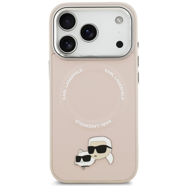 Karl Lagerfeld case Magsafe PU case with Karl&Choupette heads pins logo and metal camera buttons for iPhone 17 Pro Max beige