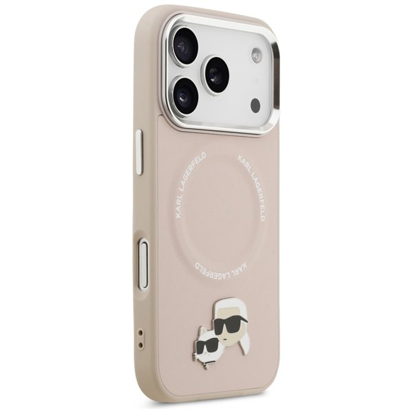 Karl Lagerfeld case Magsafe PU case with Karl&Choupette heads pins logo and metal camera buttons for iPhone 17 Pro Max beige