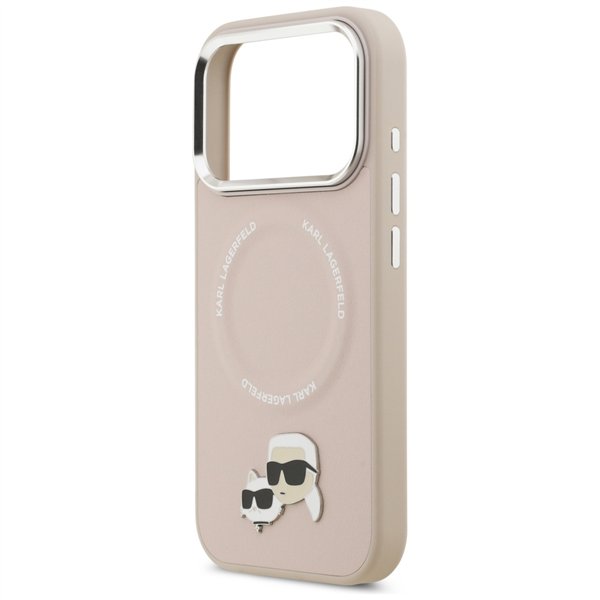 Karl Lagerfeld case Magsafe PU case with Karl&Choupette heads pins logo and metal camera buttons for iPhone 17 Pro Max beige