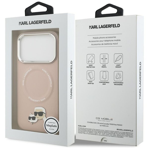 Karl Lagerfeld case Magsafe PU case with Karl&Choupette heads pins logo and metal camera buttons for iPhone 17 Pro Max beige