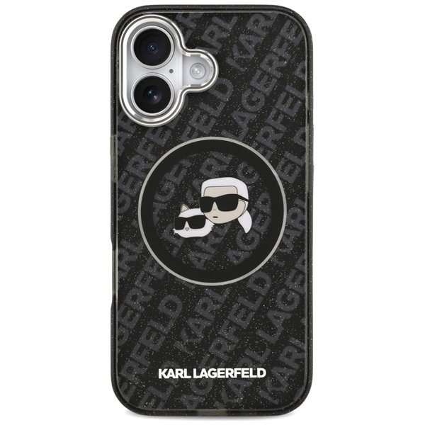 Karl Lagerfeld case Magsafe IML glitter case metal camera frame and buttons Karl and Choupette heads on KL repeated logo for iPh