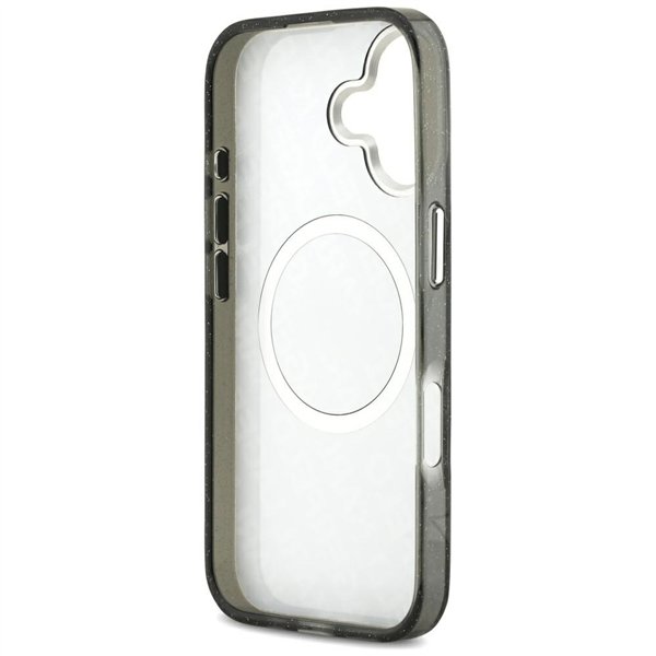 Karl Lagerfeld case Magsafe IML glitter case metal camera frame and buttons Karl and Choupette heads on KL repeated logo for iPh