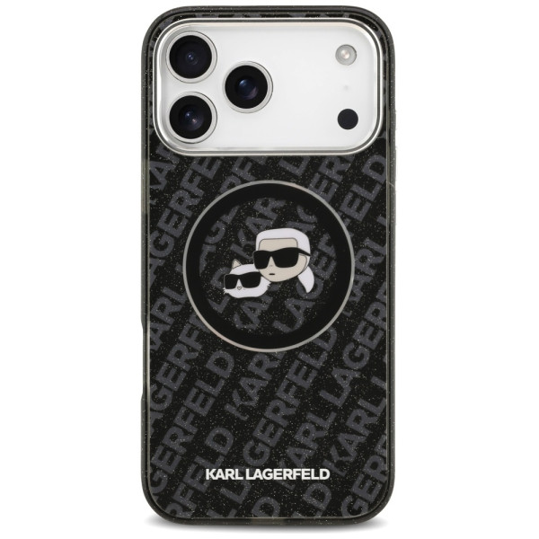 Karl Lagerfeld case Magsafe IML glitter case metal camera frame and buttons Karl and Choupette heads on KL repeated logo for iPh