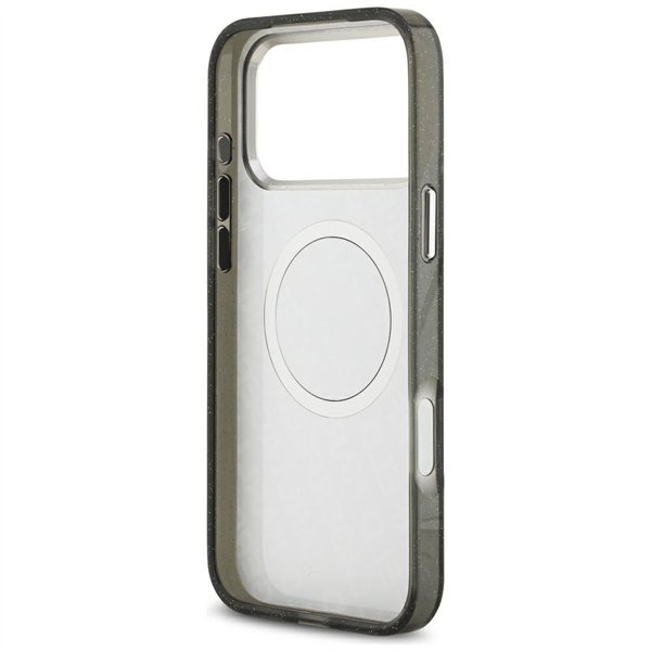 Karl Lagerfeld case Magsafe IML glitter case metal camera frame and buttons Karl and Choupette heads on KL repeated logo for iPh