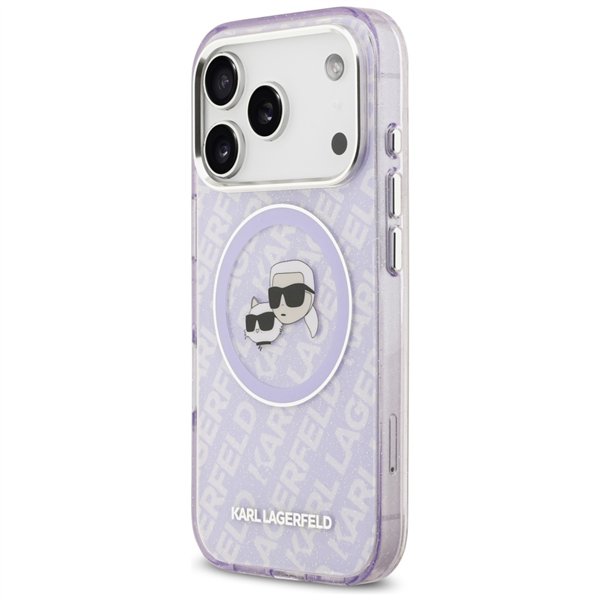 Karl Lagerfeld case Magsafe IML glitter case metal camera frame and buttons Karl and Choupette heads on KL repeated logo for iPh