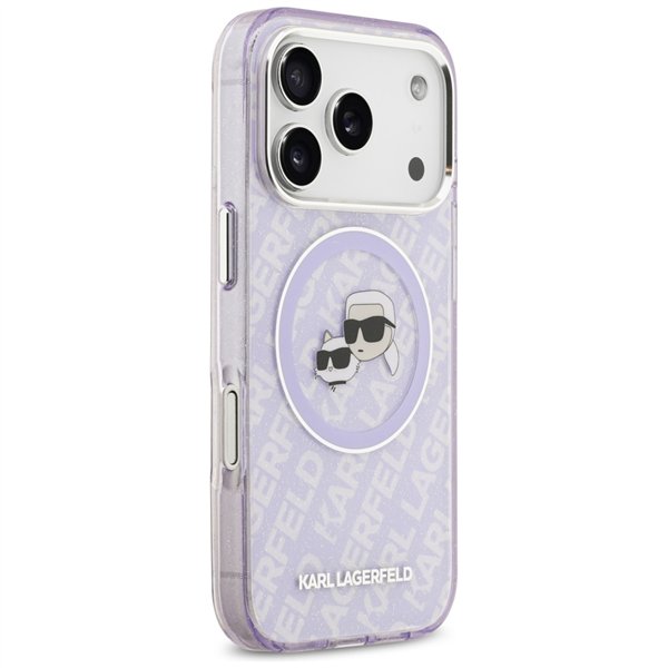 Karl Lagerfeld case Magsafe IML glitter case metal camera frame and buttons Karl and Choupette heads on KL repeated logo for iPh