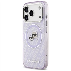 Karl Lagerfeld case Magsafe IML glitter case metal camera frame and buttons Karl and Choupette heads on KL repeated logo for iPh