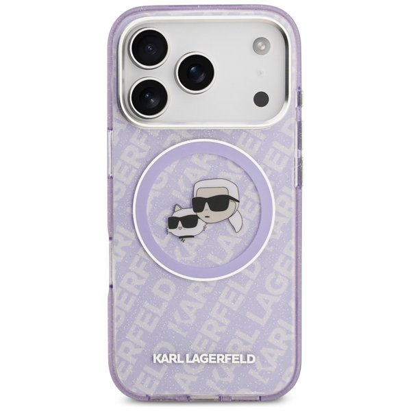 Karl Lagerfeld case Magsafe IML glitter case metal camera frame and buttons Karl and Choupette heads on KL repeated logo for iPh