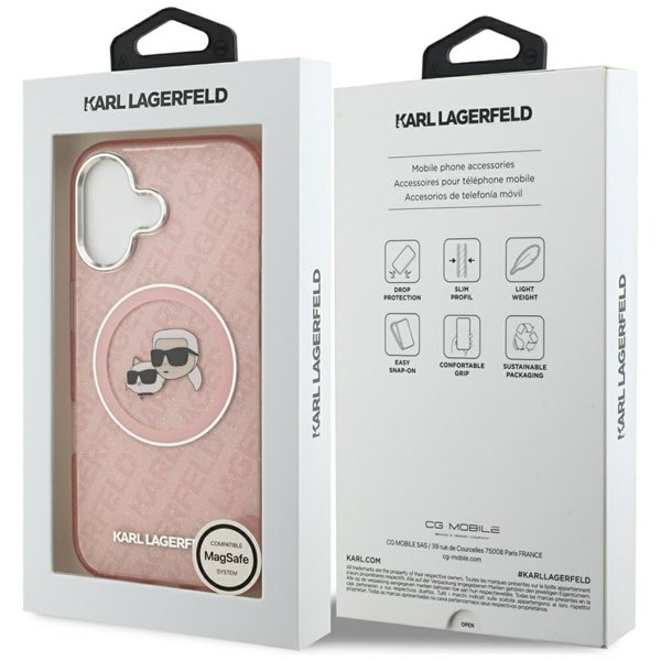 Karl Lagerfeld case Magsafe IML glitter case metal camera frame and buttons Karl and Choupette heads on KL repeated logo for iPh