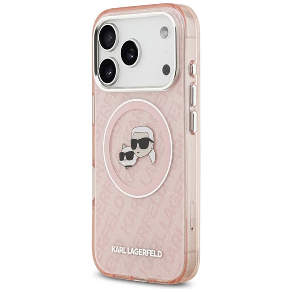 Karl Lagerfeld case Magsafe IML glitter case metal camera frame and buttons Karl and Choupette heads on KL repeated logo for iPh