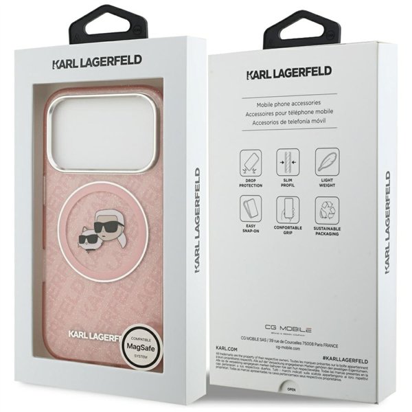Karl Lagerfeld case Magsafe IML glitter case metal camera frame and buttons Karl and Choupette heads on KL repeated logo for iPh