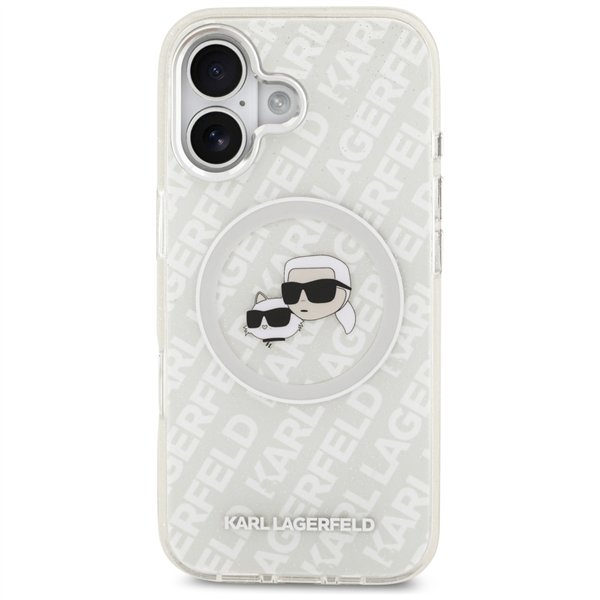 Karl Lagerfeld case Magsafe IML glitter case metal camera frame and buttons Karl and Choupette heads on KL repeated logo for iPh