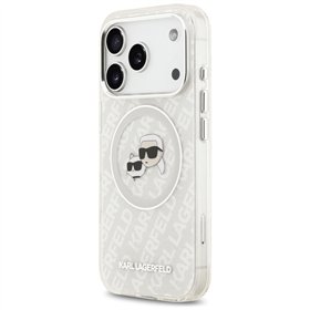 Karl Lagerfeld case Magsafe IML glitter case metal camera frame and buttons Karl and Choupette heads on KL repeated logo for iPh
