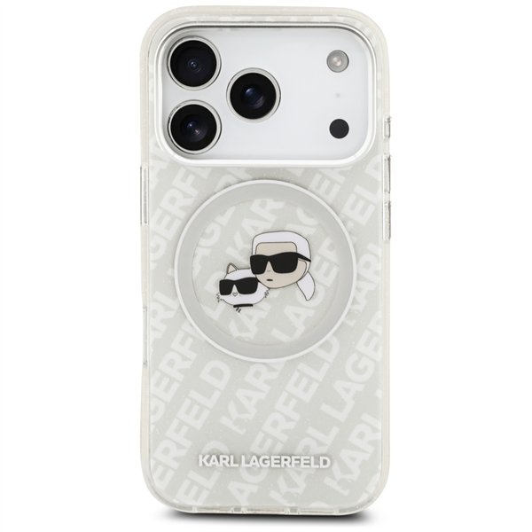 Karl Lagerfeld case Magsafe IML glitter case metal camera frame and buttons Karl and Choupette heads on KL repeated logo for iPh
