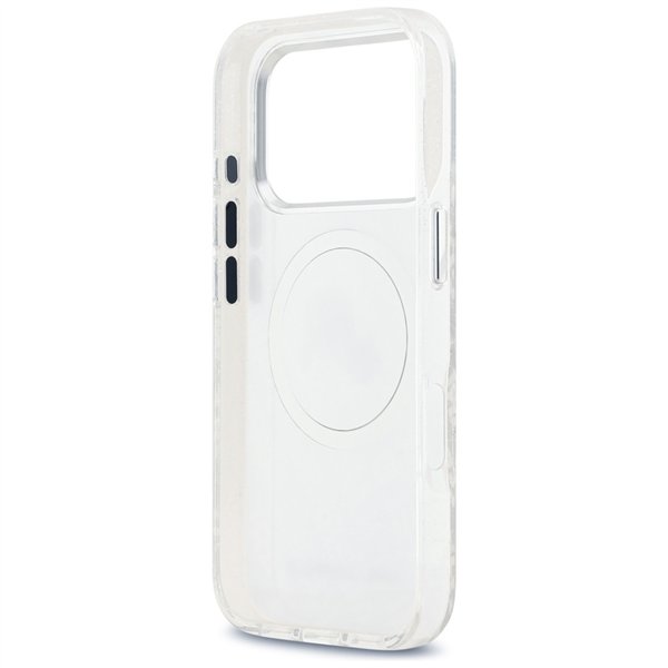 Karl Lagerfeld case Magsafe IML glitter case metal camera frame and buttons Karl and Choupette heads on KL repeated logo for iPh