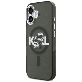 Karl Lagerfeld case Magsafe IML glitter case metal camera frame and buttons Karl and Choupette sketch logo for iPhone 17 transpa