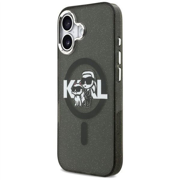 Karl Lagerfeld case Magsafe IML glitter case metal camera frame and buttons Karl and Choupette sketch logo for iPhone 17 transpa
