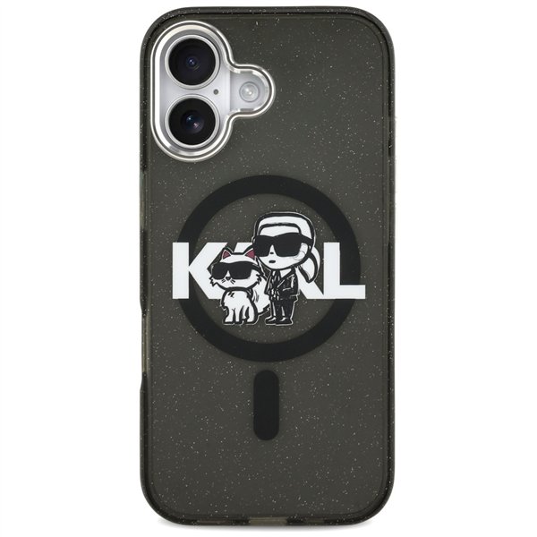 Karl Lagerfeld case Magsafe IML glitter case metal camera frame and buttons Karl and Choupette sketch logo for iPhone 17 transpa