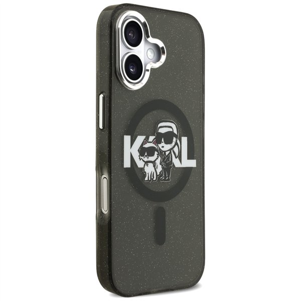 Karl Lagerfeld case Magsafe IML glitter case metal camera frame and buttons Karl and Choupette sketch logo for iPhone 17 transpa