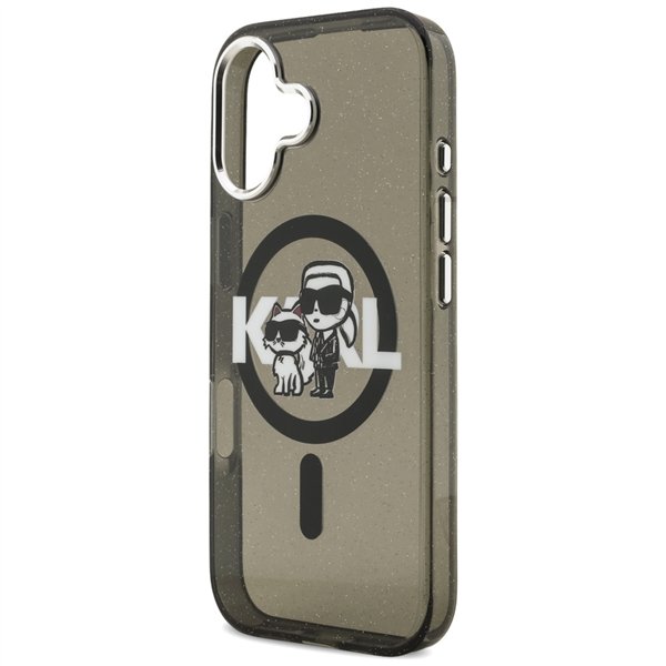 Karl Lagerfeld case Magsafe IML glitter case metal camera frame and buttons Karl and Choupette sketch logo for iPhone 17 transpa