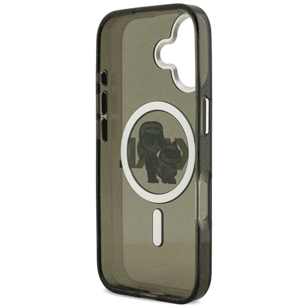 Karl Lagerfeld case Magsafe IML glitter case metal camera frame and buttons Karl and Choupette sketch logo for iPhone 17 transpa
