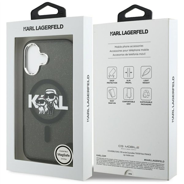 Karl Lagerfeld case Magsafe IML glitter case metal camera frame and buttons Karl and Choupette sketch logo for iPhone 17 transpa