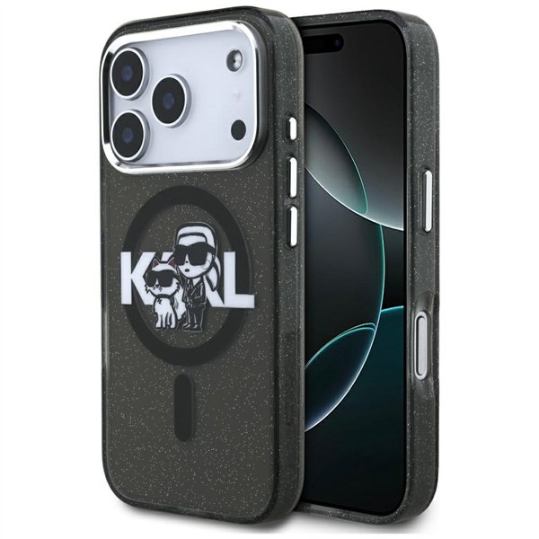 Karl Lagerfeld case Magsafe IML glitter case metal camera frame and buttons Karl and Choupette sketch logo for iPhone 17 Pro tra