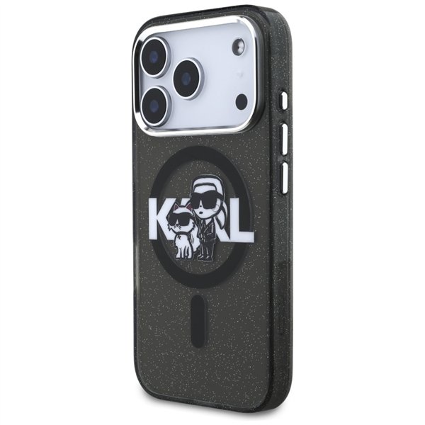Karl Lagerfeld case Magsafe IML glitter case metal camera frame and buttons Karl and Choupette sketch logo for iPhone 17 Pro tra