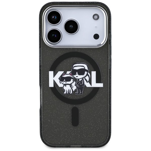Karl Lagerfeld case Magsafe IML glitter case metal camera frame and buttons Karl and Choupette sketch logo for iPhone 17 Pro tra
