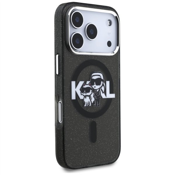 Karl Lagerfeld case Magsafe IML glitter case metal camera frame and buttons Karl and Choupette sketch logo for iPhone 17 Pro tra