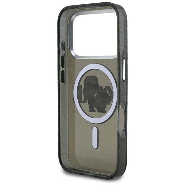 Karl Lagerfeld case Magsafe IML glitter case metal camera frame and buttons Karl and Choupette sketch logo for iPhone 17 Pro tra