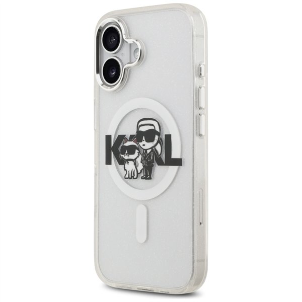 Karl Lagerfeld case Magsafe IML glitter case metal camera frame and buttons Karl and Choupette sketch logo for iPhone 17 black