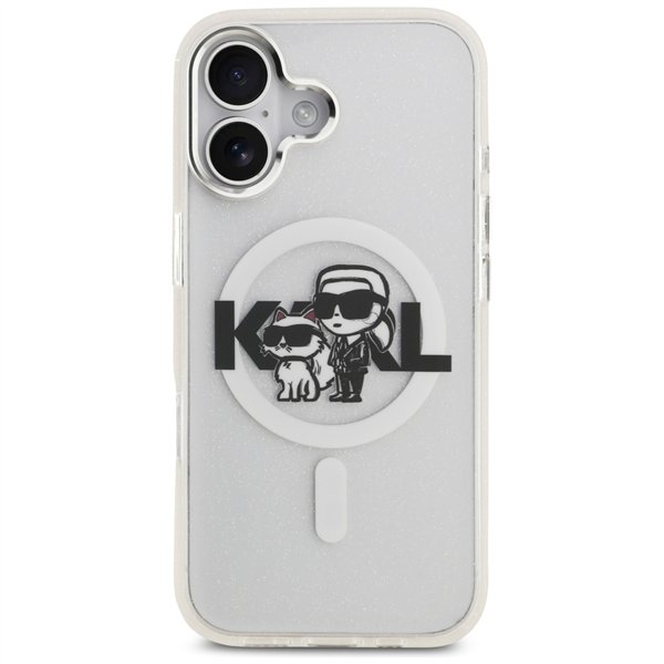 Karl Lagerfeld case Magsafe IML glitter case metal camera frame and buttons Karl and Choupette sketch logo for iPhone 17 black