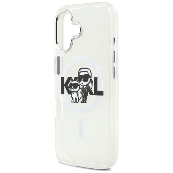 Karl Lagerfeld case Magsafe IML glitter case metal camera frame and buttons Karl and Choupette sketch logo for iPhone 17 black