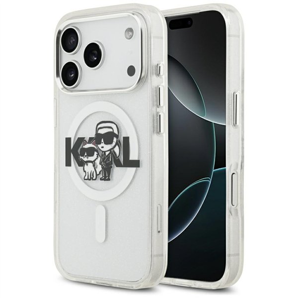 Karl Lagerfeld case Magsafe IML glitter case metal camera frame and buttons Karl and Choupette sketch logo for iPhone 17 Pro bla