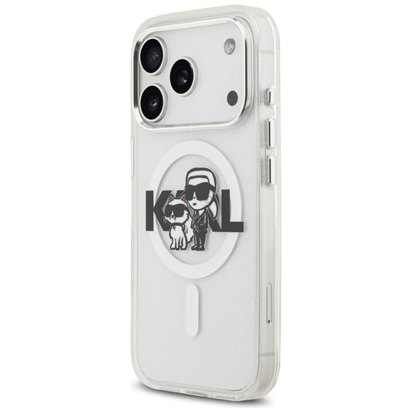 Karl Lagerfeld case Magsafe IML glitter case metal camera frame and buttons Karl and Choupette sketch logo for iPhone 17 Pro bla