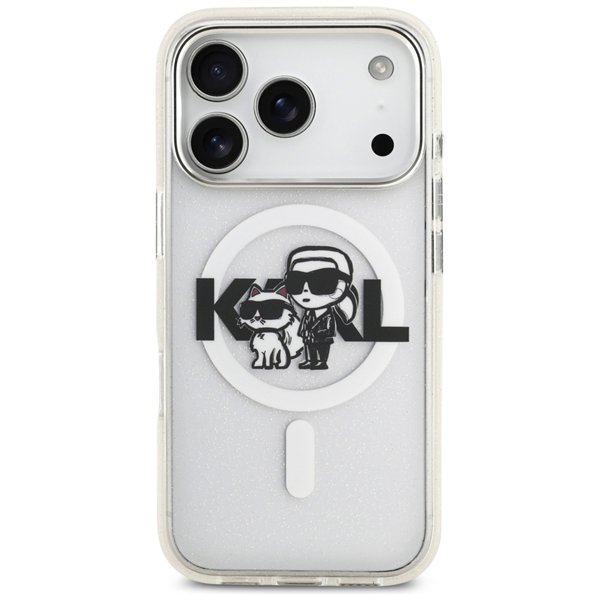 Karl Lagerfeld case Magsafe IML glitter case metal camera frame and buttons Karl and Choupette sketch logo for iPhone 17 Pro bla