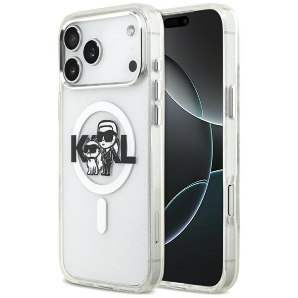 Karl Lagerfeld case Magsafe IML glitter case metal camera frame and buttons Karl and Choupette sketch logo for iPhone 17 Pro Max