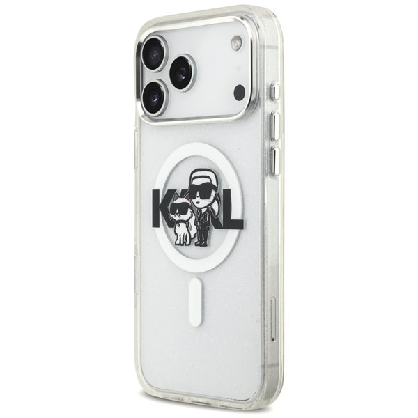 Karl Lagerfeld case Magsafe IML glitter case metal camera frame and buttons Karl and Choupette sketch logo for iPhone 17 Pro Max