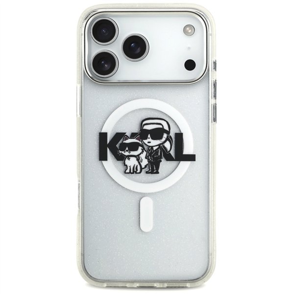 Karl Lagerfeld case Magsafe IML glitter case metal camera frame and buttons Karl and Choupette sketch logo for iPhone 17 Pro Max