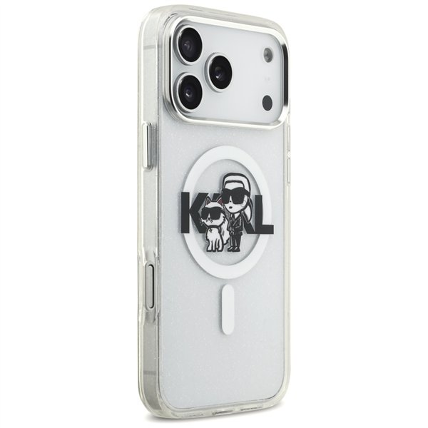 Karl Lagerfeld case Magsafe IML glitter case metal camera frame and buttons Karl and Choupette sketch logo for iPhone 17 Pro Max