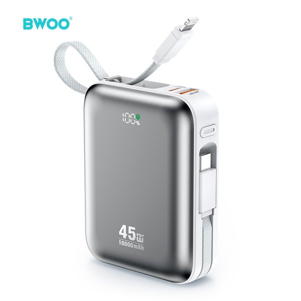 BWOO power bank P77 45W, 10000 mAh with USB-C and Lightning cable, grey